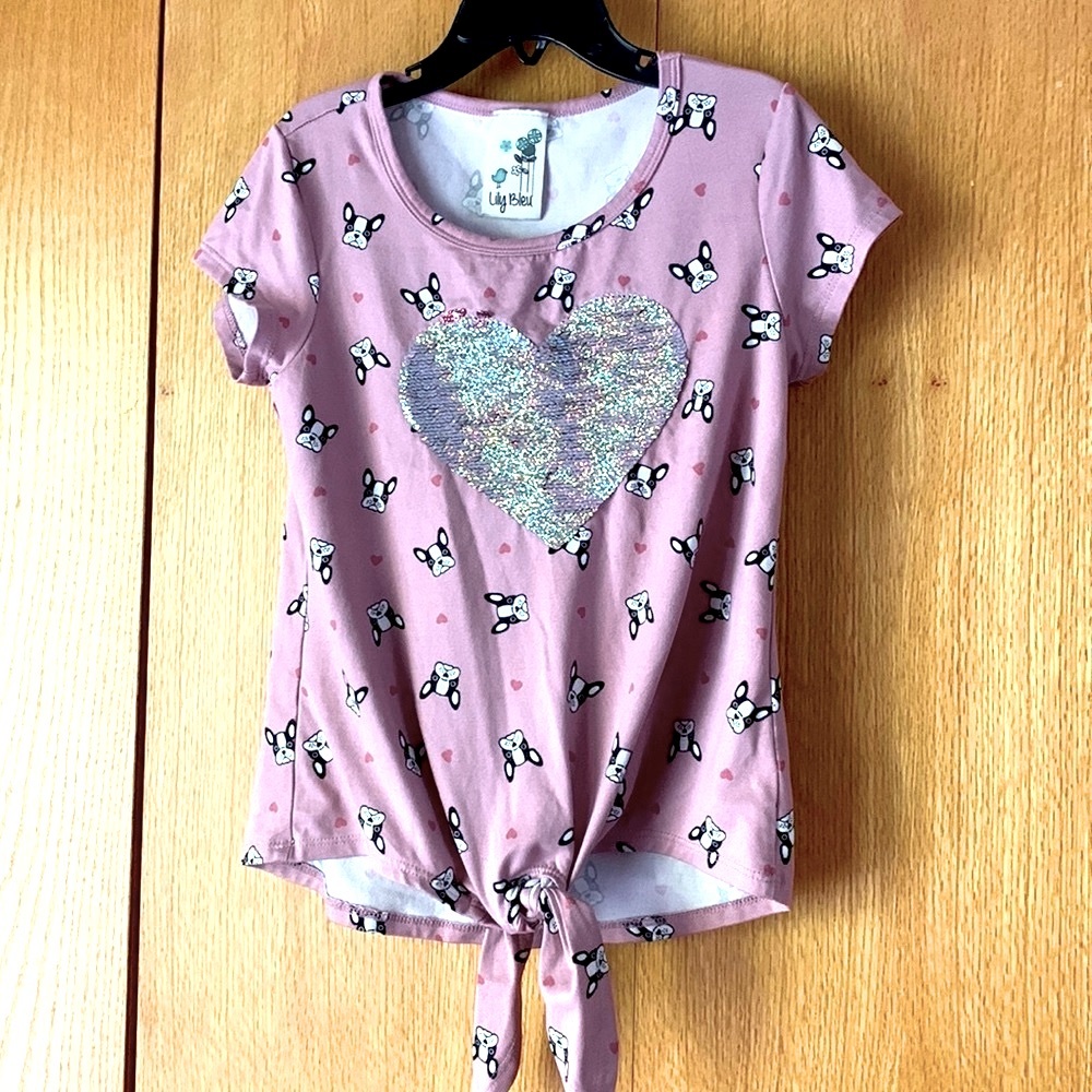 Lily Bleu girl’s size 12 sequin heart Boston terrier dog print top knotted EUC
